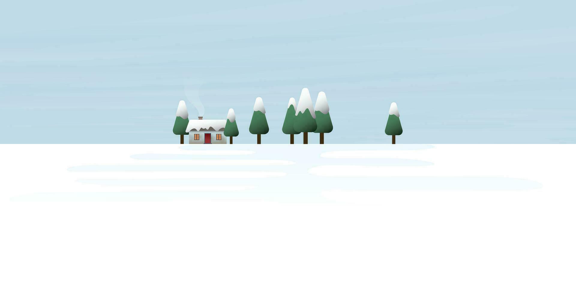 Log cabin with pines forest in snowland flat design vector illustration with blank space. Rural landscape, house and pine trees in winter season.