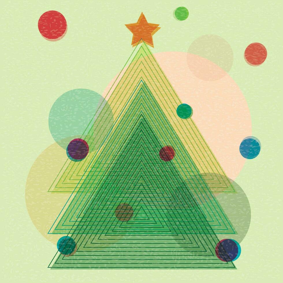 Colorful geometric shape Christmas tree overlap transparent with riso print effect vector illustration. Greeting card vintage printing style.