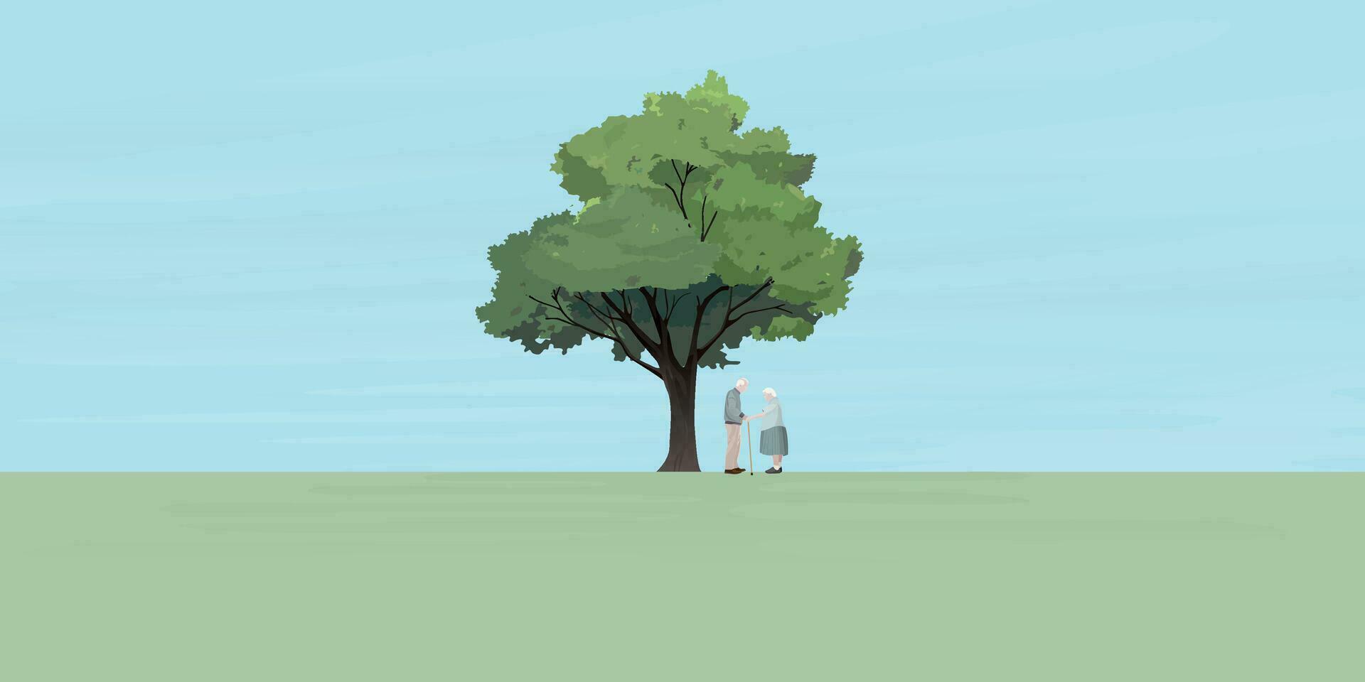 Couple of elderly lover together under the big tree vector illustration have blank space for any wording advertisement.