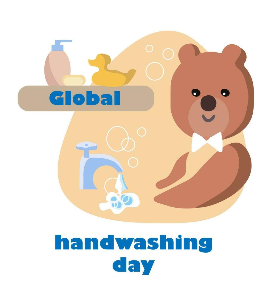 Global handwashing day. Design for kids. teddy bear cleans and washes its paws vector