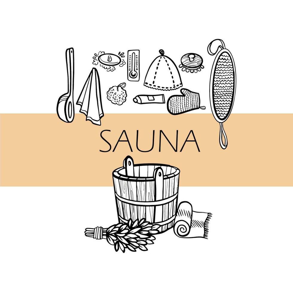 Sauna template. Hand drawn vector items for bath.