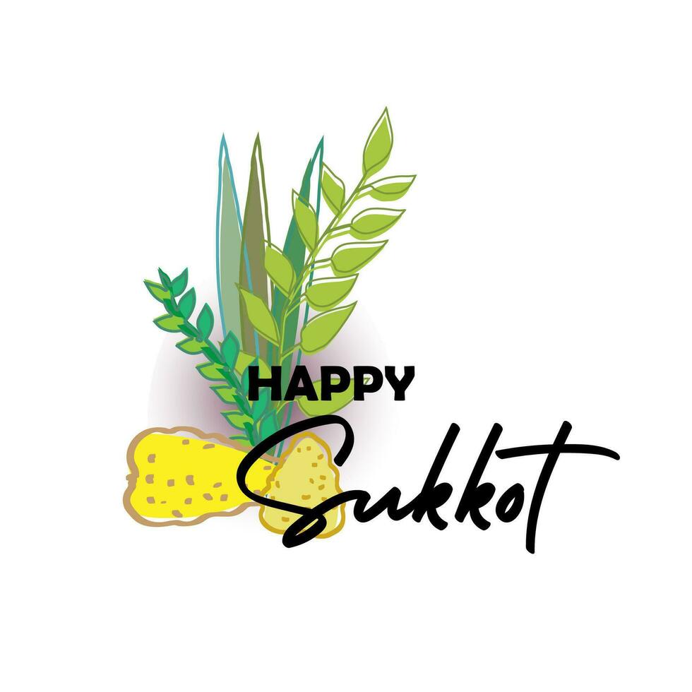 Happy Sukkot template poster, banner. Jewish holiday huts template for greeting card with etrog, lulav, Arava, Hadas. Isolated on white background. Vector illustration