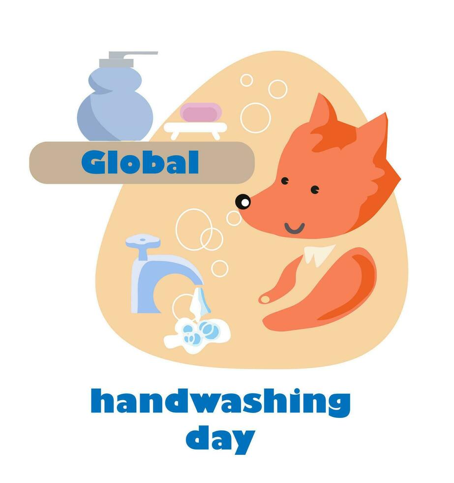 Global handwashing day. Design for kids. Fox cleans and washes his paws vector