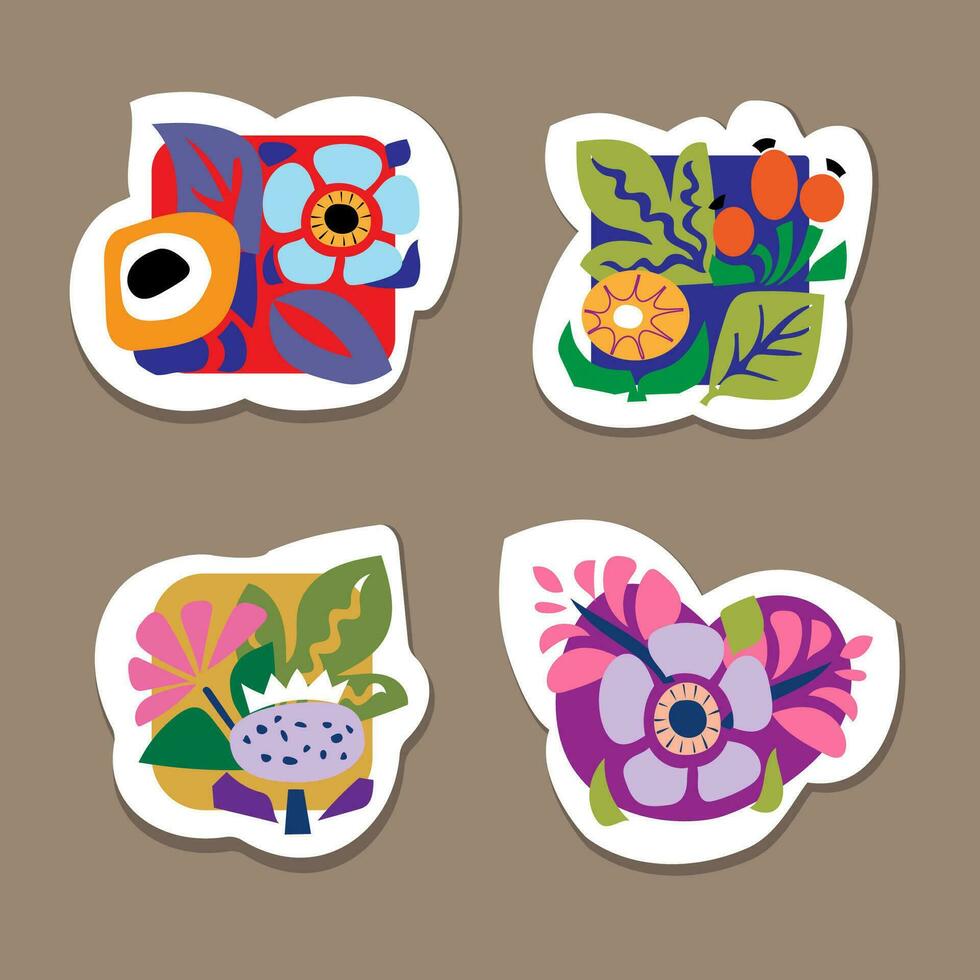 Cute set hand-drawn stickers with floral decor vector