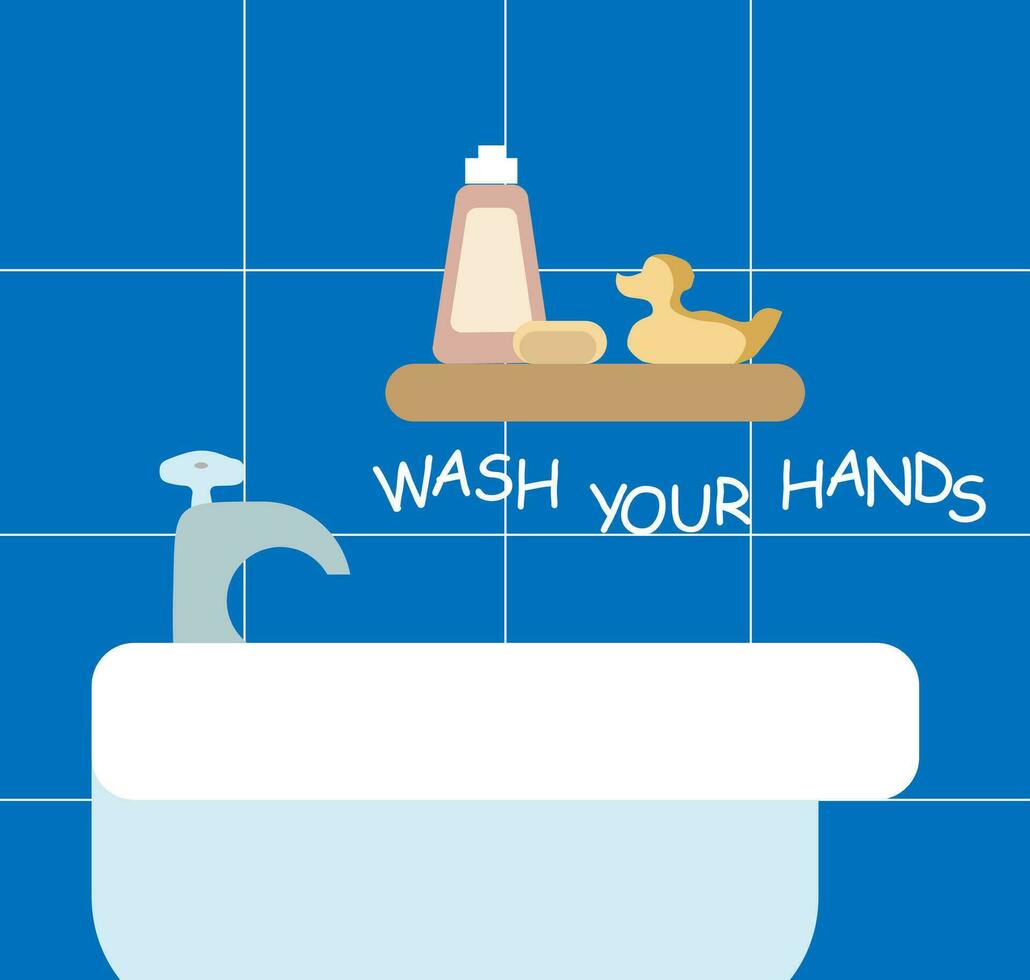 Wash your hands, bathroom set flat for childish. Vector illustration.