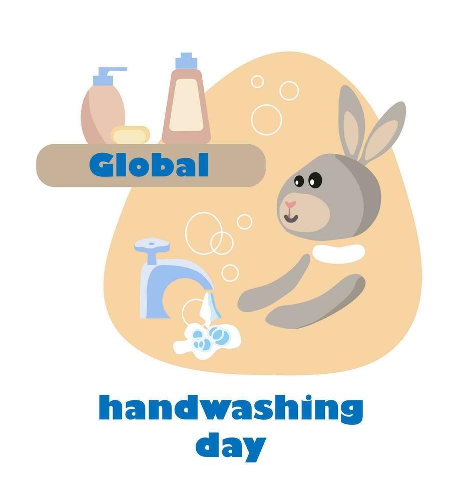 Global handwashing day. Design for kids. Rabbit, bunny cleans and washes its paws vector