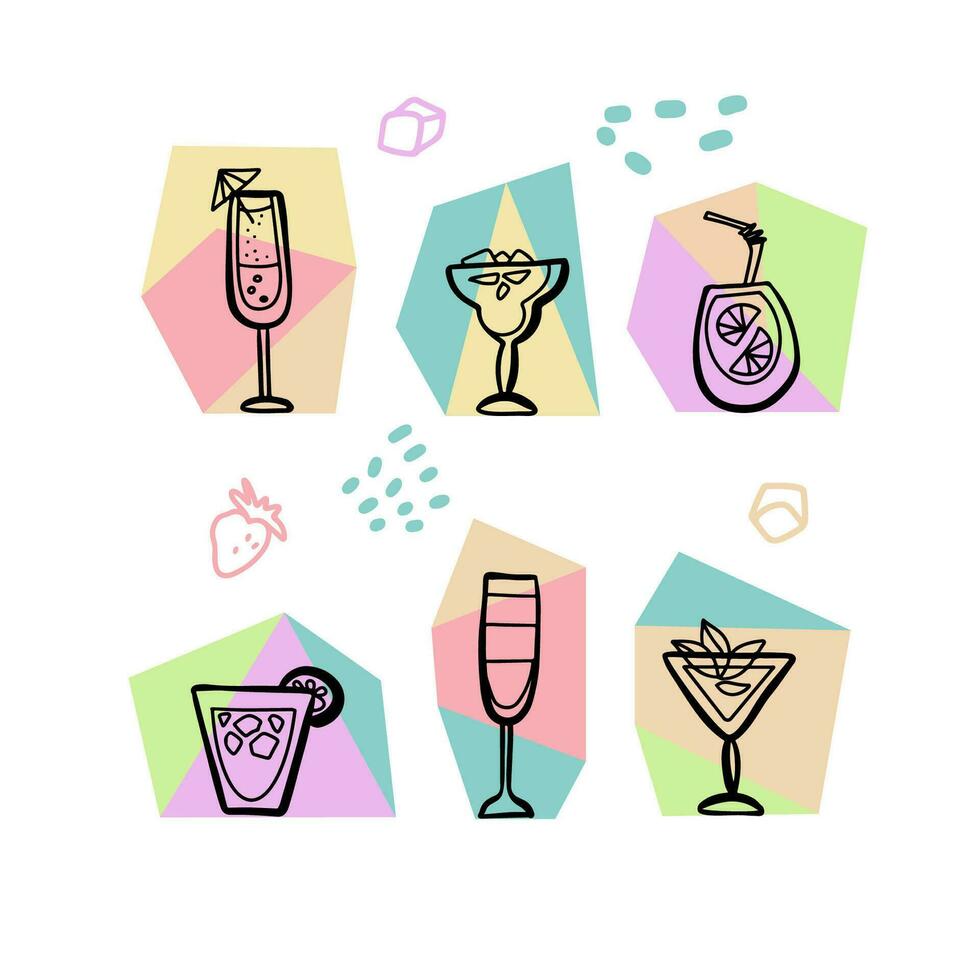 Cute set with cocktails collection, alcoholic and non-alcoholic summer drinks with ice cubes, fruits in doodle style. vector