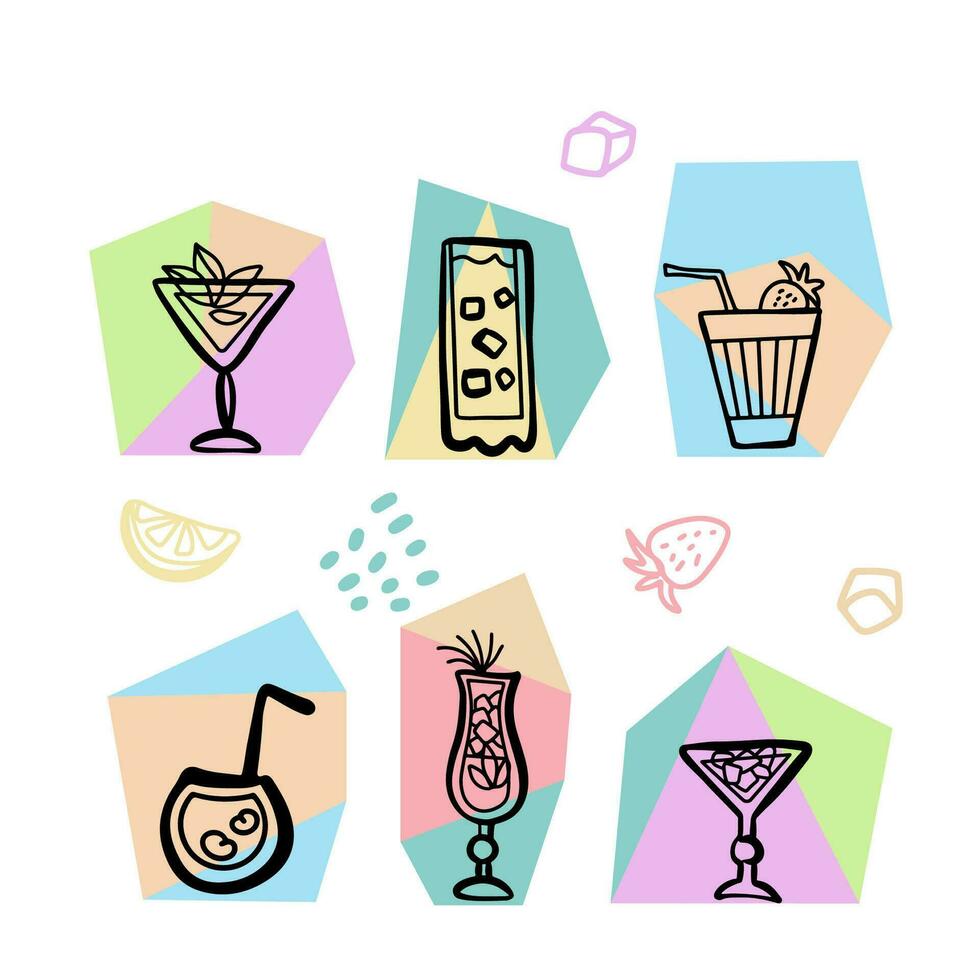 Cute set with cocktails collection, alcoholic and non-alcoholic summer drinks with ice cubes, fruits in doodle style. vector