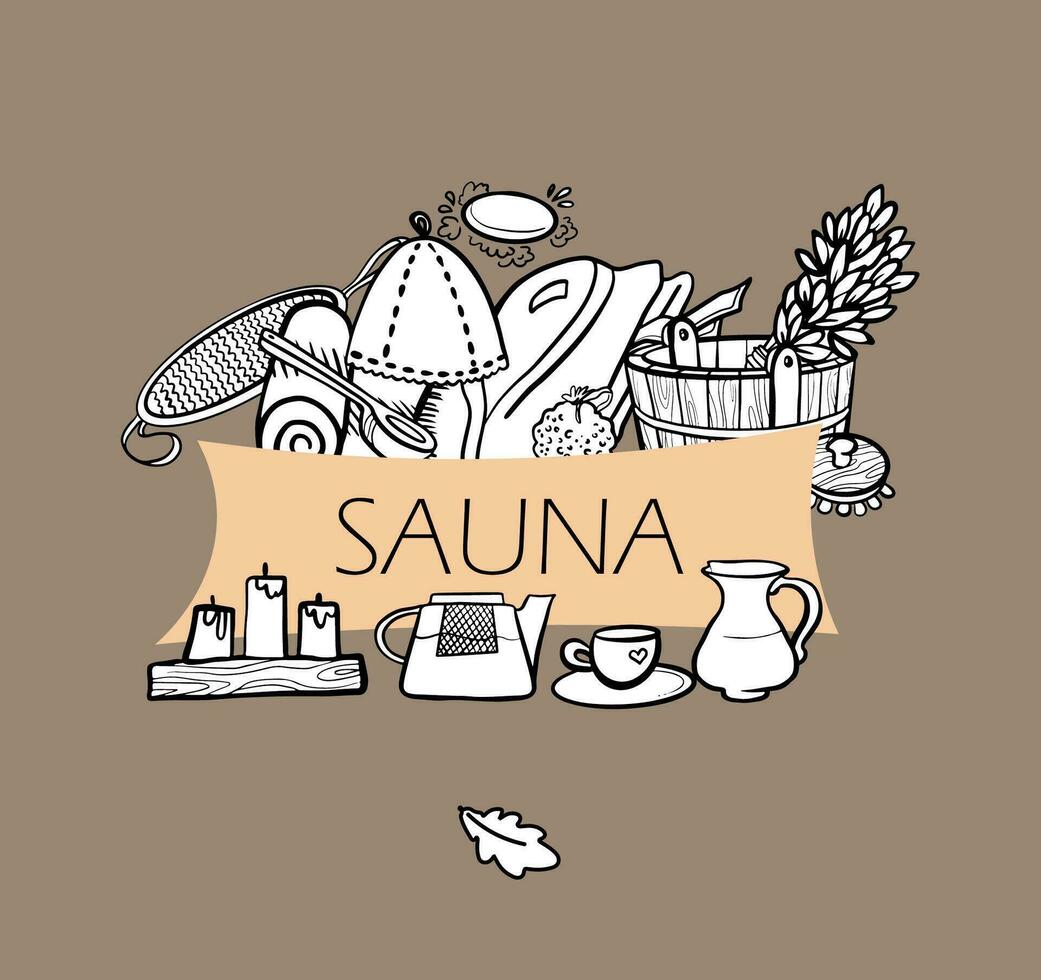 Sauna template. Hand drawn vector items for bath.