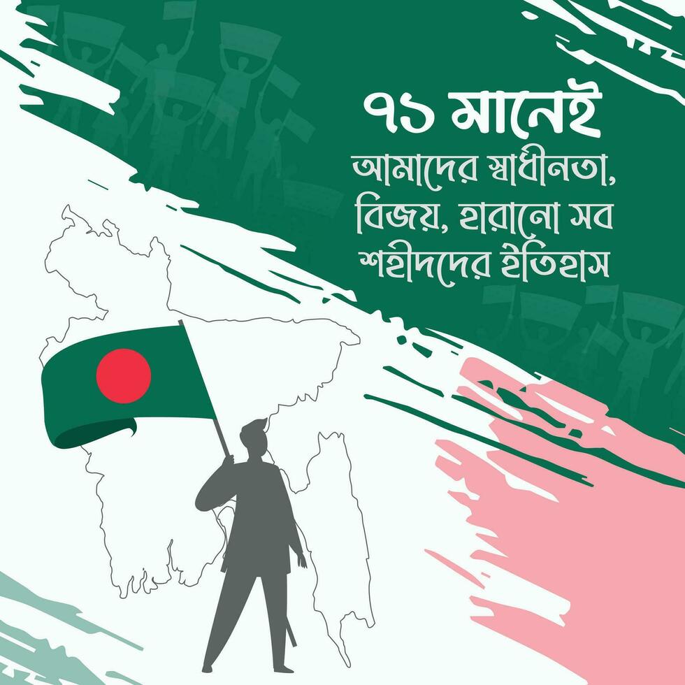 Design for Bengali National Days like Victory, Independence, and Martyr Day. Bangla text translation 71 means the history of our freedom, victory, lost martyrs. It shows emotions of Bengali in 1971. vector