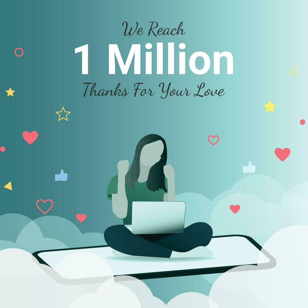 Illustration of an Excited Girl Holding a Laptop sitting on a smartphone and Celebrating Success for 1m followers, subscribers in her social media channels, account page. Social media post design. vector