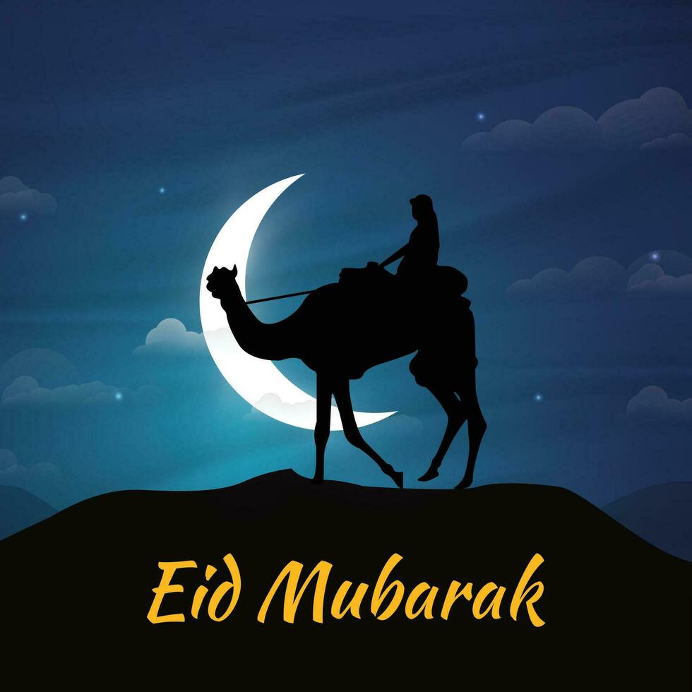 Eid Mubarak design with close-up shot of an Arabian camel rider and crescent moon in desert mountains. Blue-orange color scheme vector art for greeting cards, social media posts, banners, and posters.