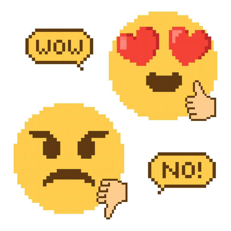 Like and dislike emoji pixel art, thumbs up and thumbs  down with speech bubble vector