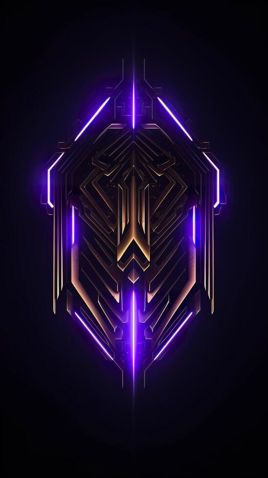 Amethyst 3D Minimalist Shield Design with a black or dark background with neon lines. AI Generative photo