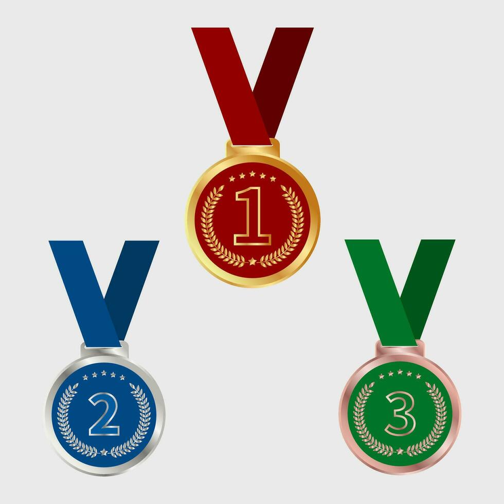 Set Vector Sports Awards Gold, Silver And Bronze Medal with red blue green ribbon.