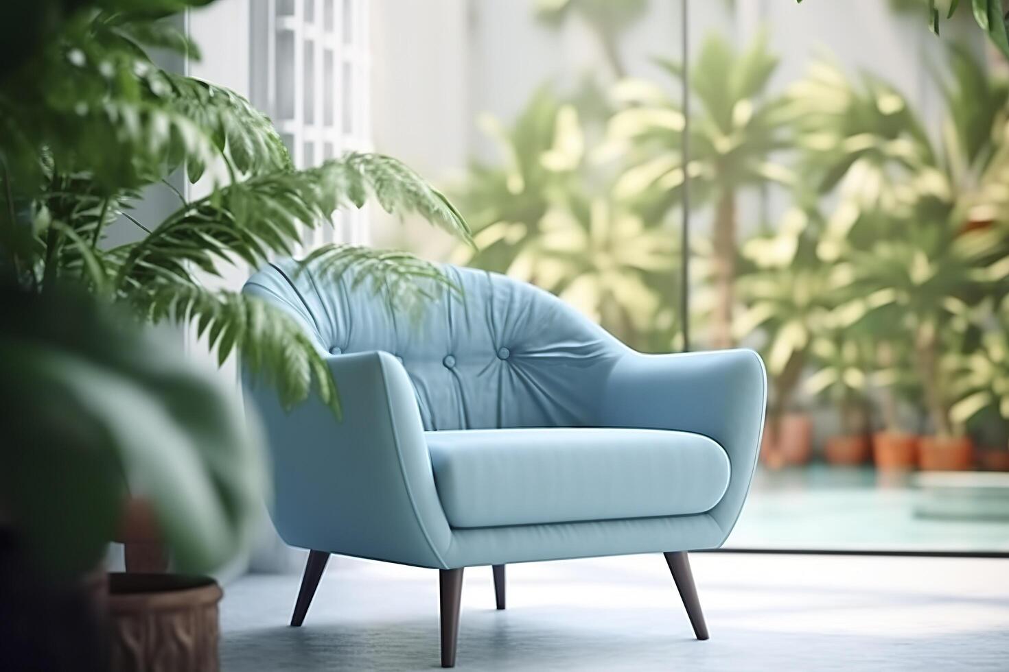 Photo of a modern light blue color armchair alone in the tropical background, AI Generative