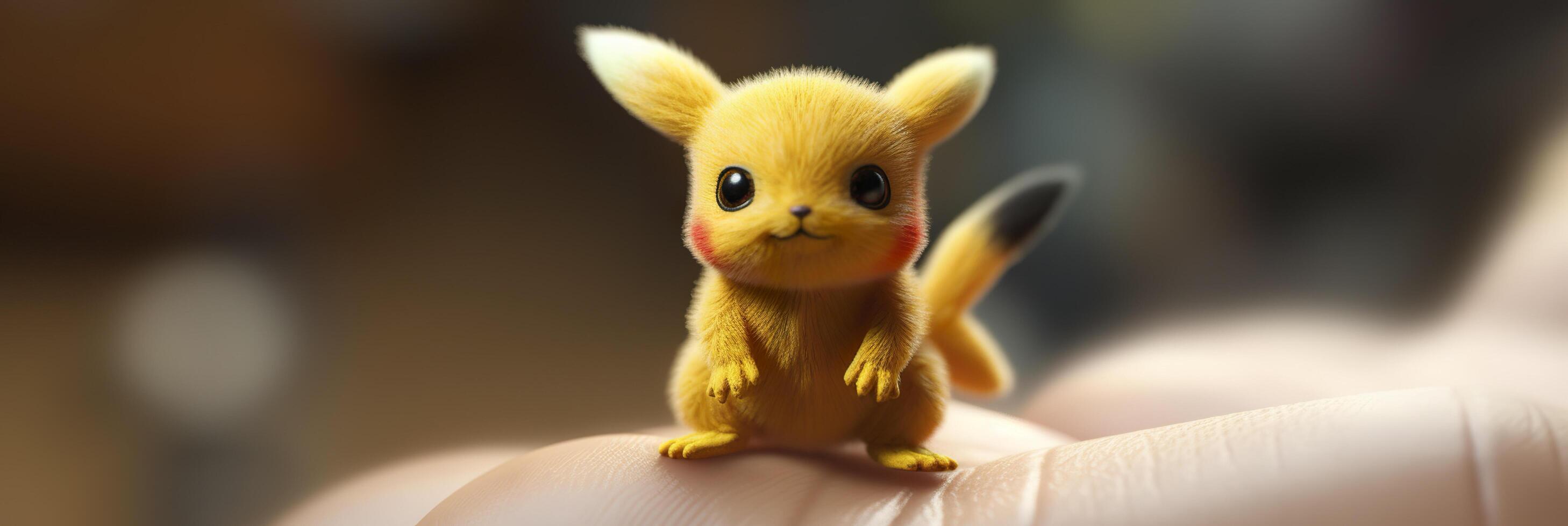 un pequeño Pikachu sentado en parte superior de un persona dedo. ai generativo foto