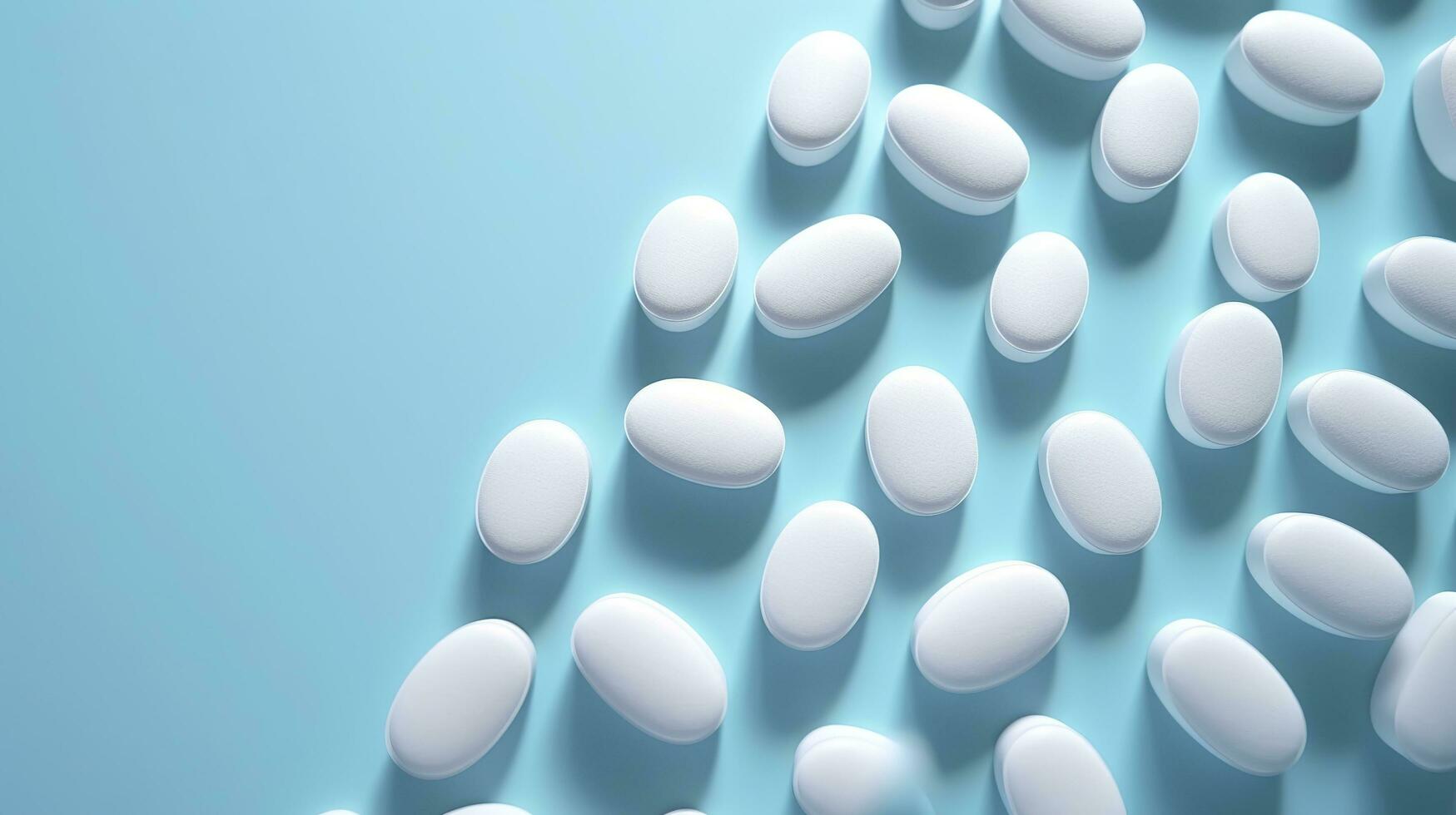 Top view white medicine tablets antibiotic pills on a soft blue background, copy space, Pharmacy theme, AI Generative photo