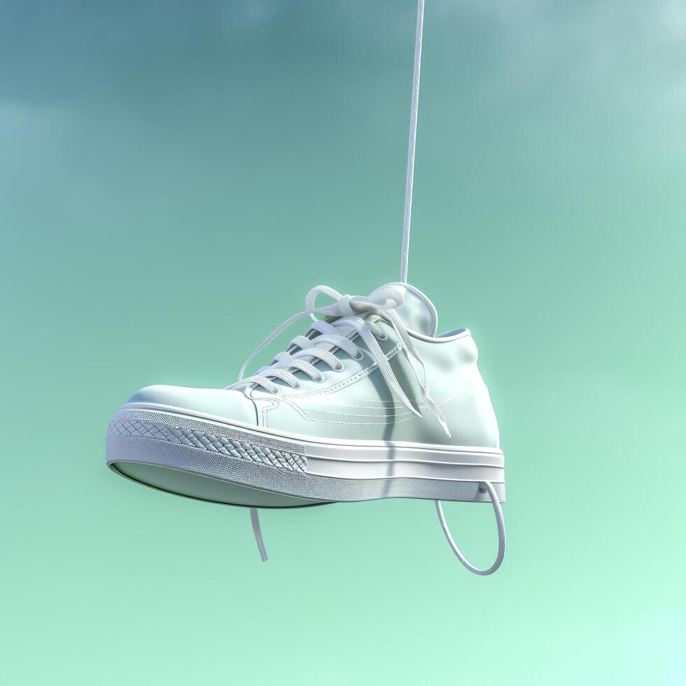 A white, blue, and green casual shoe is suspended in the air, in the style of hazy, dreamlike quality, AI Generative photo