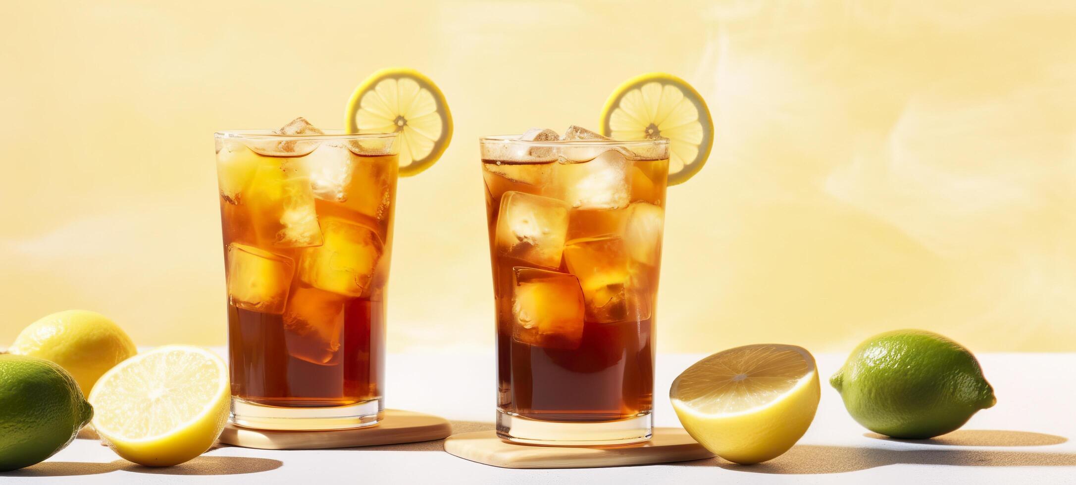 Glasses of tasty Long Island iced tea on light background. AI Generative photo