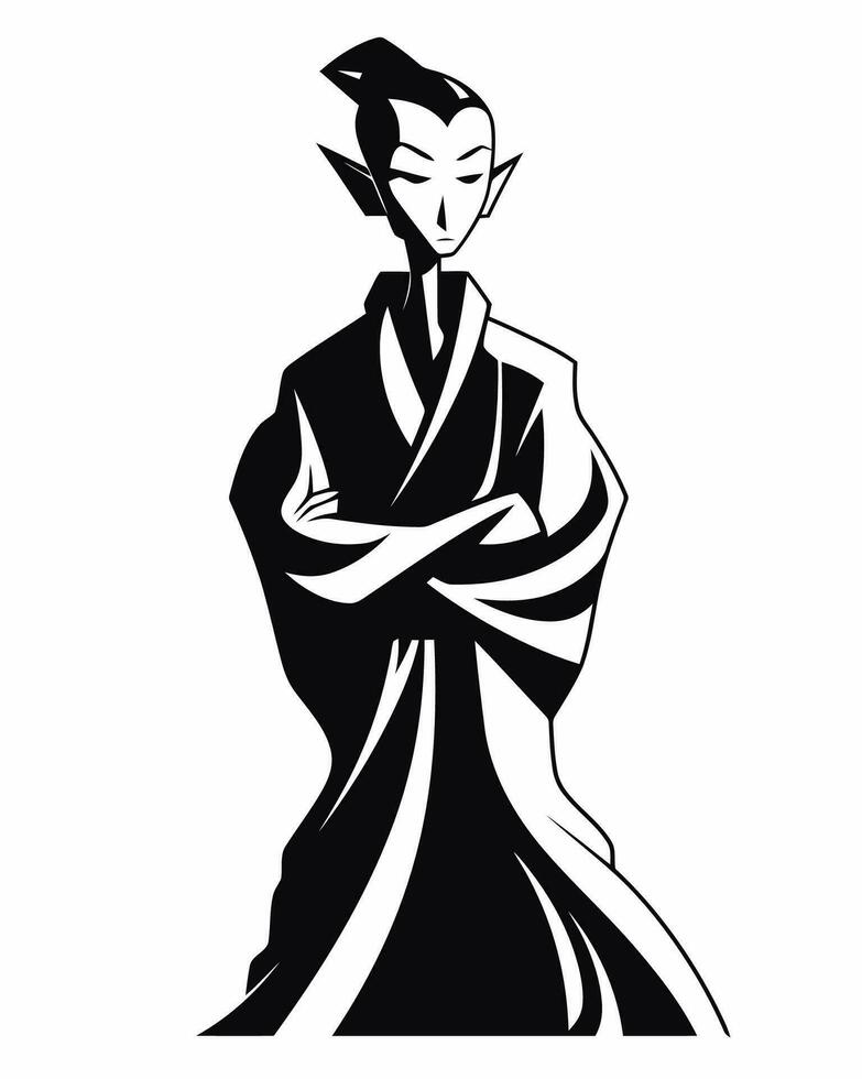 un negro y blanco ilustración de un hombre en un kimono vector