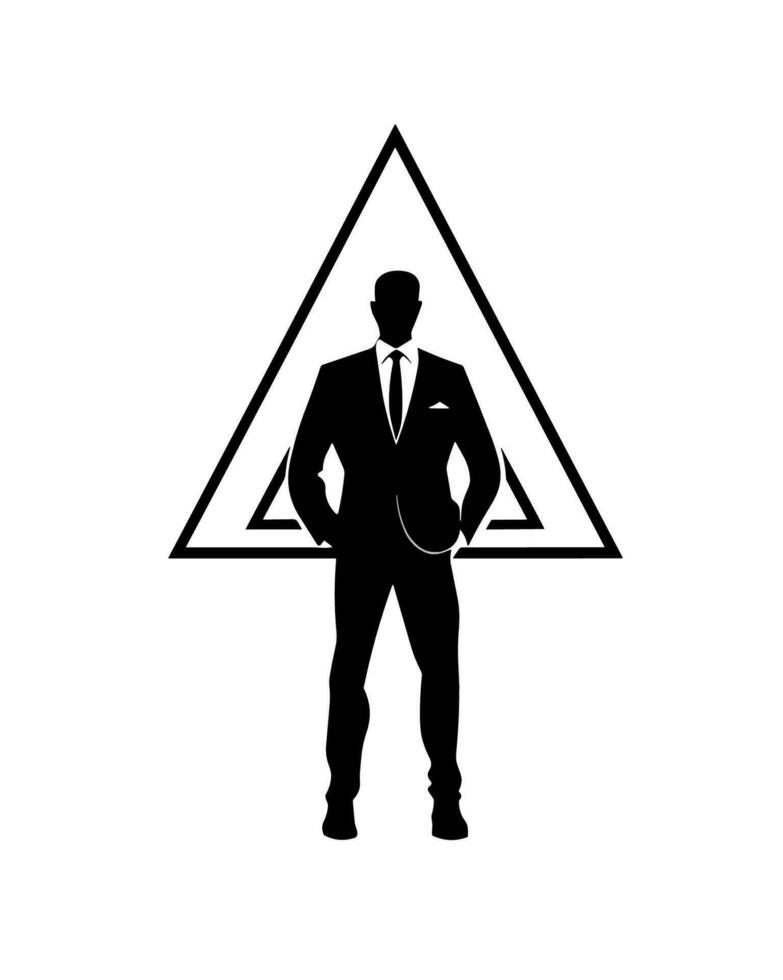 a silhouette of a man in a suit and tie standing in front of a triangle vector