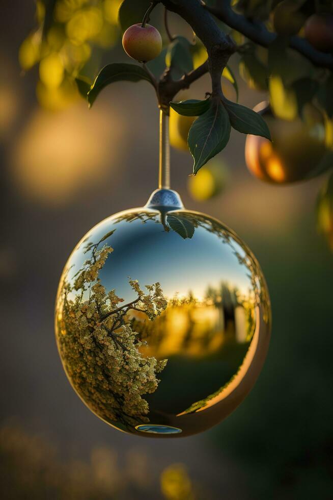 close up, photo of a mirror apple hanging in an apple tree,  AI Generative