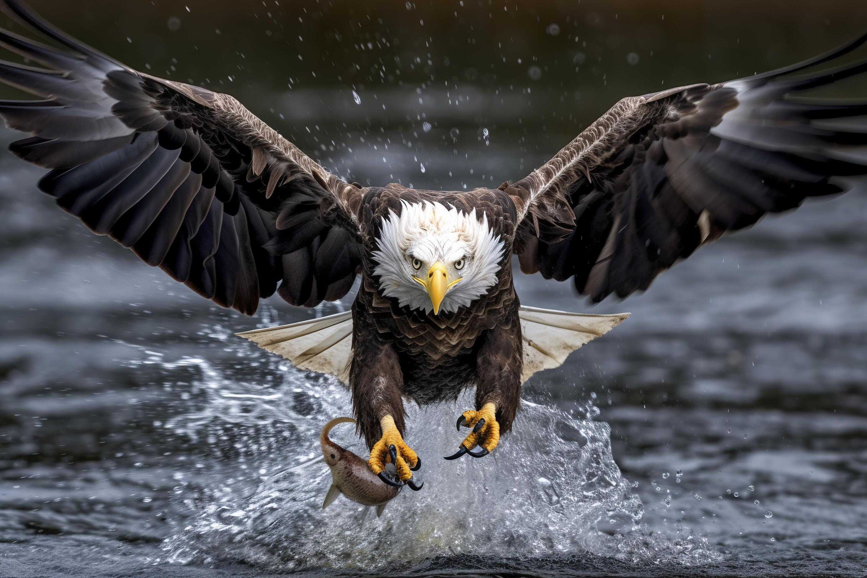 Fishing Bald Eagle, a bald eagle facing camera catches a fish out of the  water, in the style of National Geographic contest winner, super telephoto  close up. AI Generative 26843117 Stock Photo