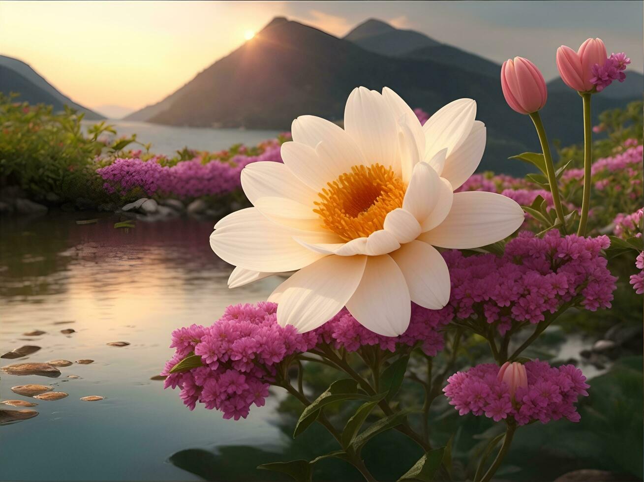 Beautiful flowers with beautiful scenery. AI image generate photo