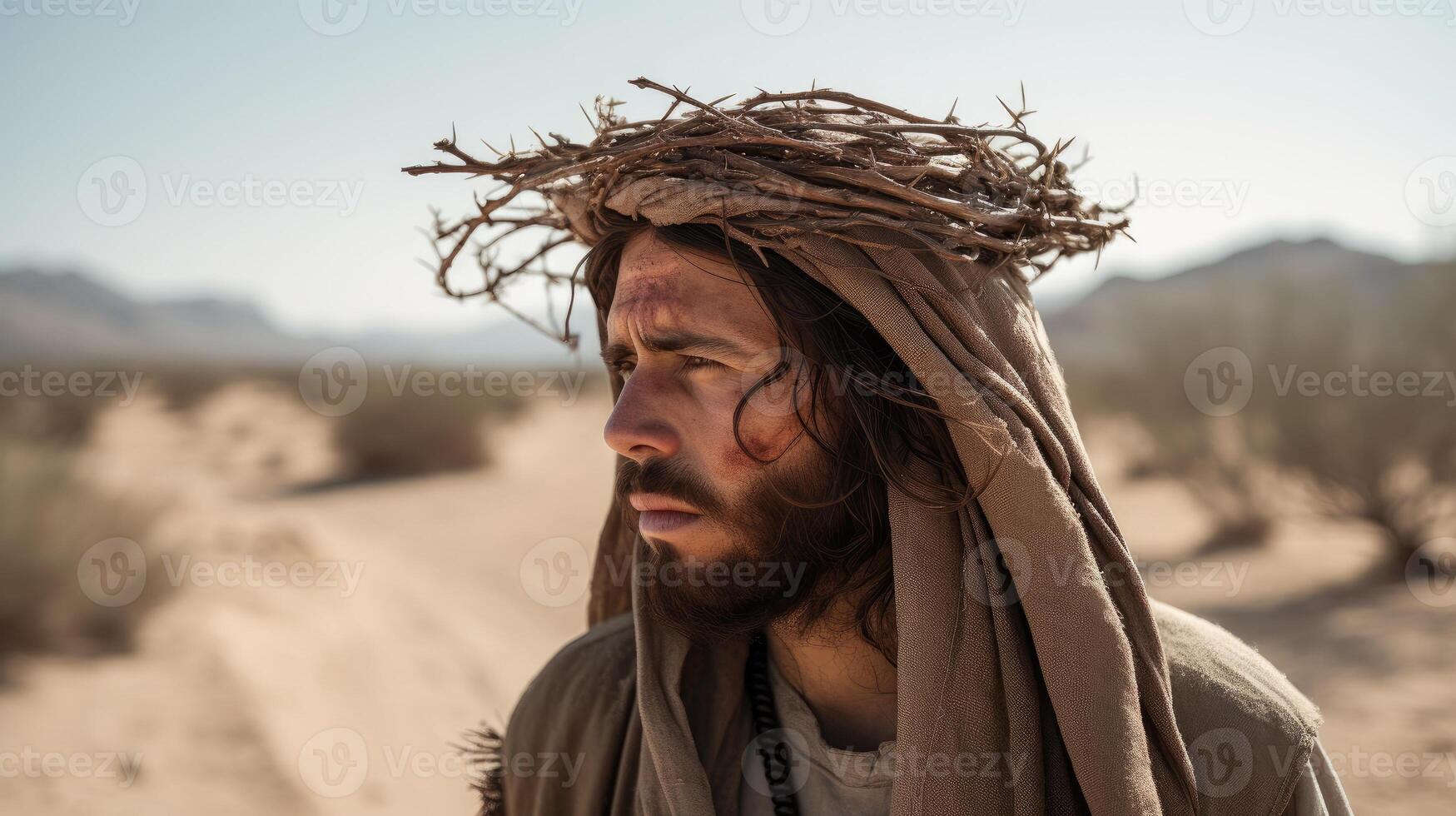 Jesus Christ in the desert with a crown of thorns. AI generated photo