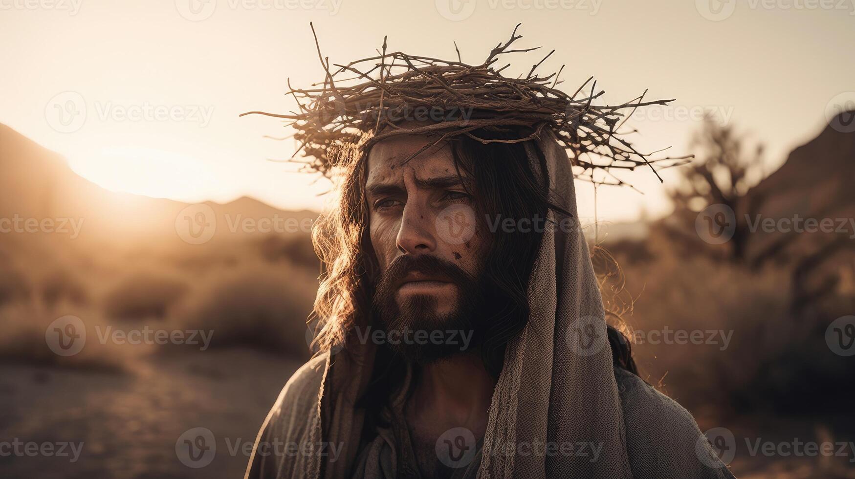 Jesus Christ in the desert with a crown of thorns. AI generated photo