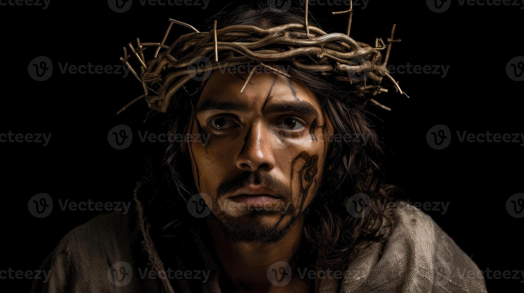 Jesus Christ with crown of thorns. Portrait of a man as Jesus Christ. AI generated photo