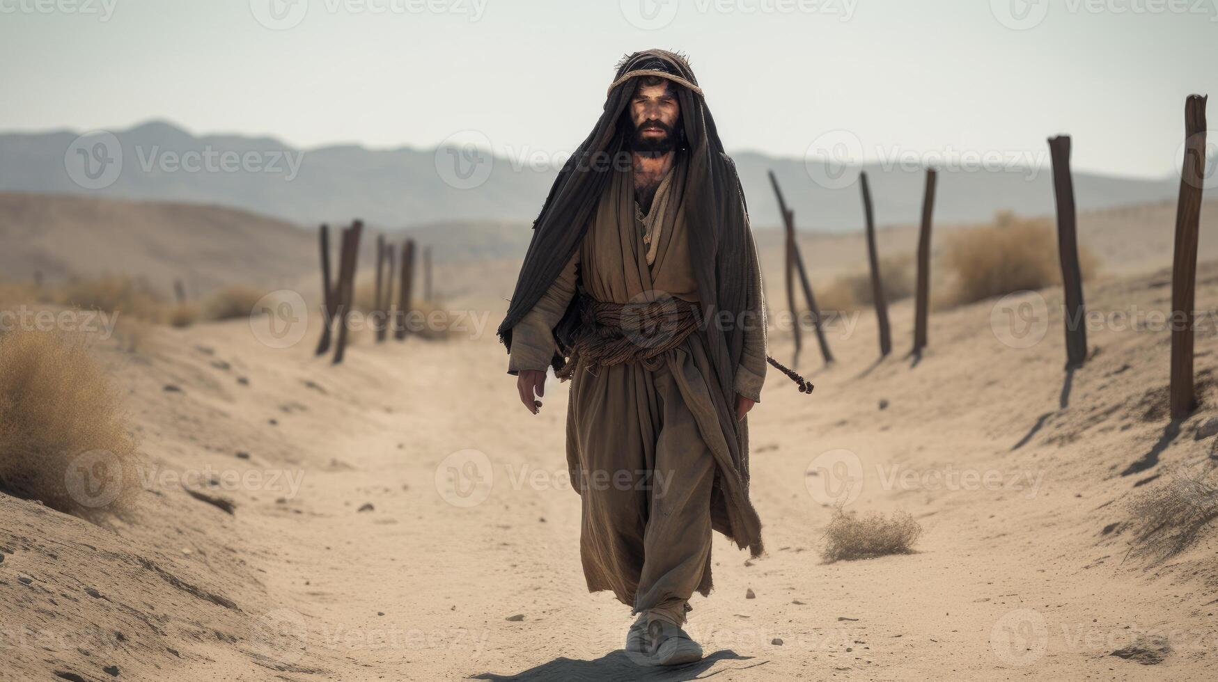 Jesus Christ in the desert with a crown of thorns. photo