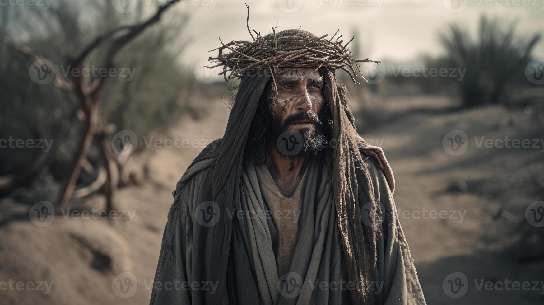 Jesus Christ in the desert with a crown of thorns. AI generated photo