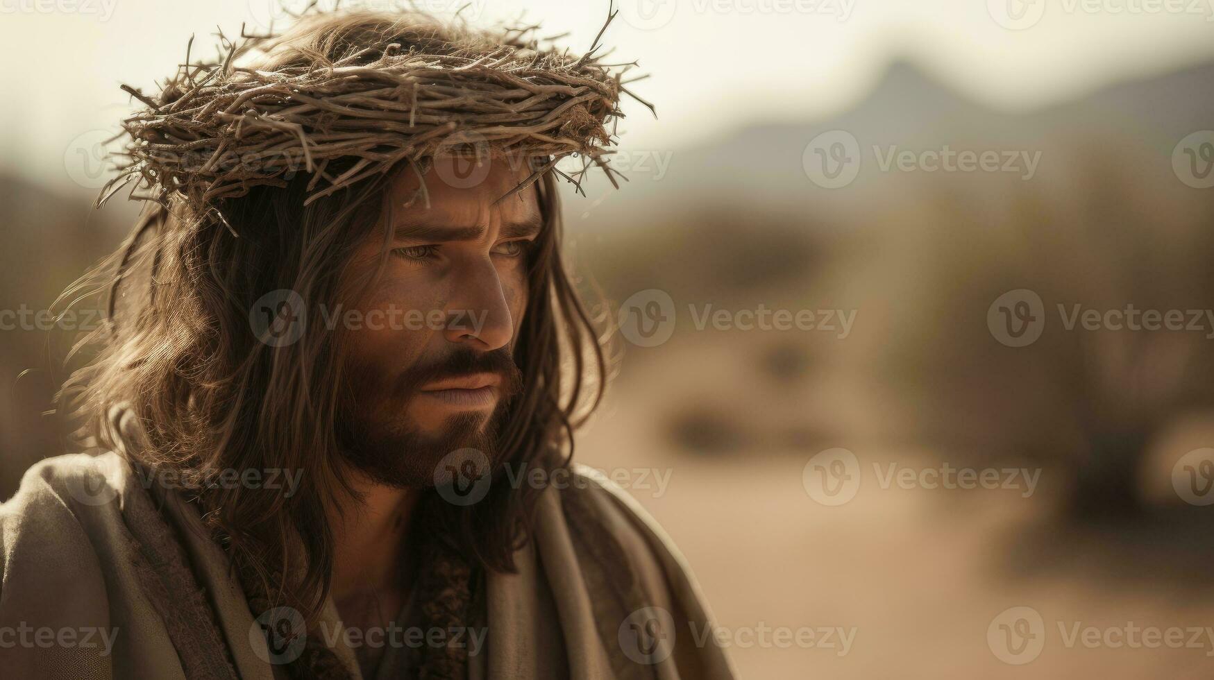 Jesus Christ in the desert with a crown of thorns. AI generated photo