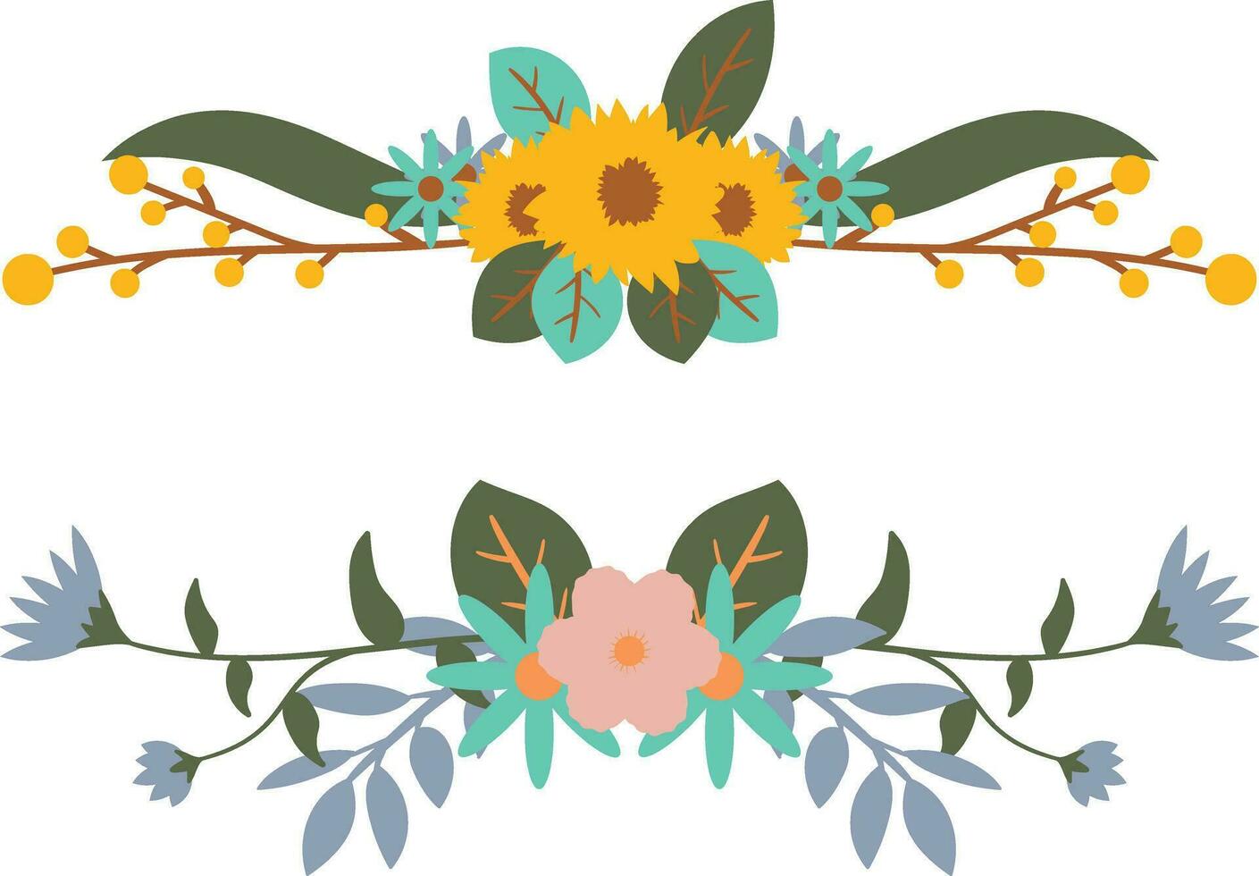 Vector set of floral wreaths with sunflowers, leaves and branches