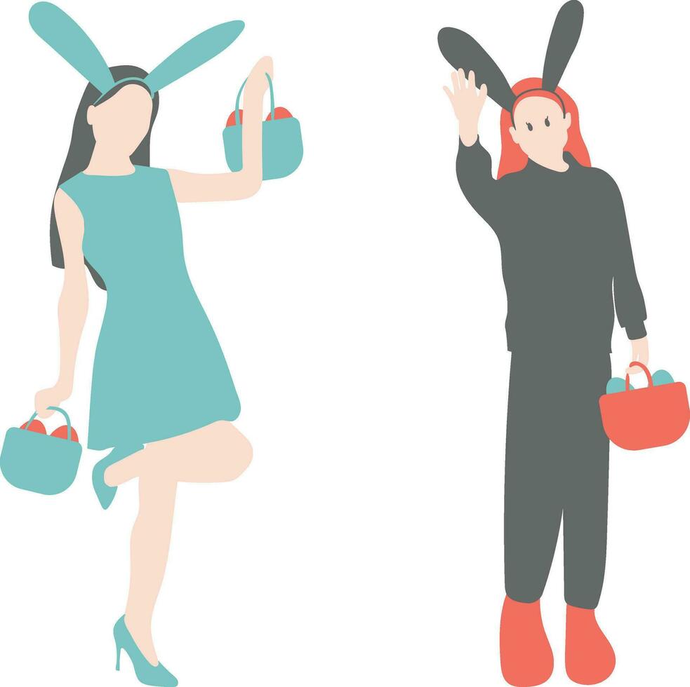 Easter girl with bunny ears and bag. Vector illustration in flat style.