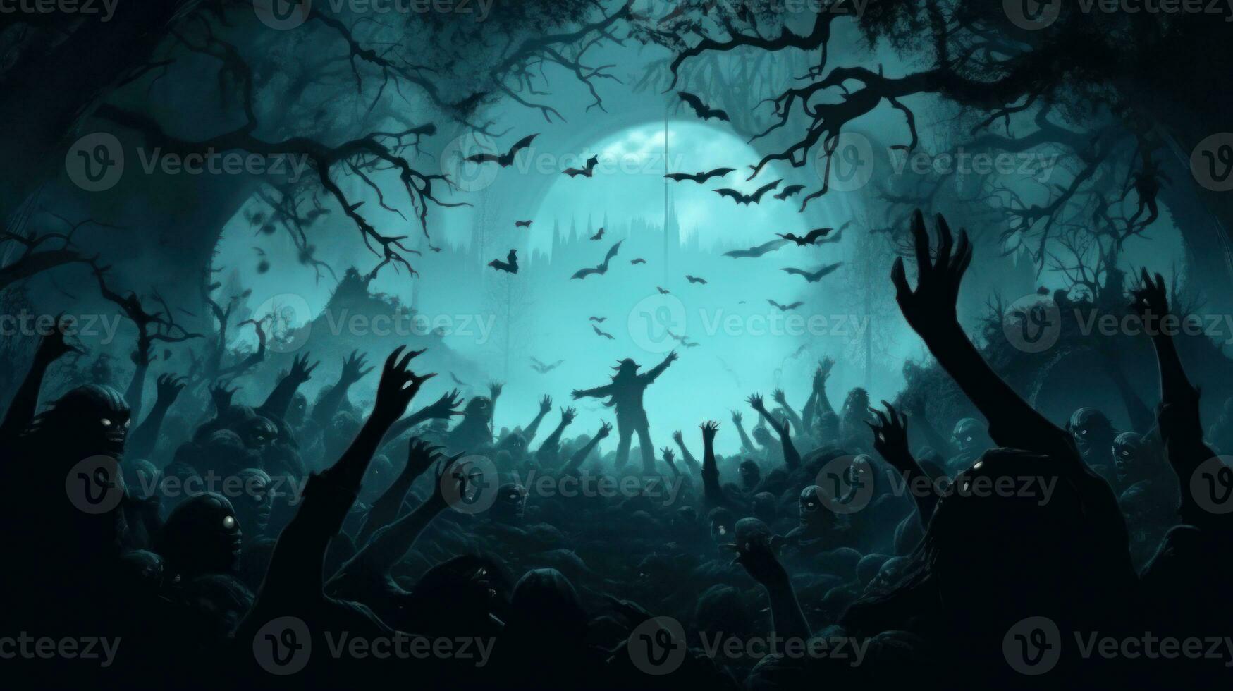 Zombie hands emerge from an enchanted Halloween cemetery in the mystical forest. AI Generated photo