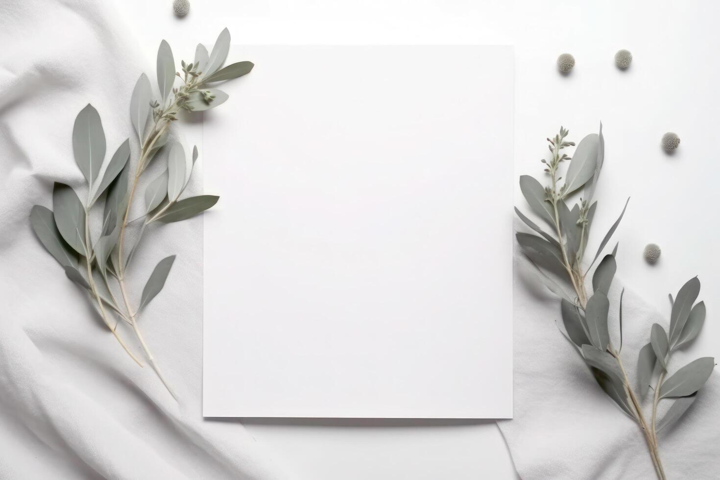 blanco saludo papel tarjeta, invitación Bosquejo escena parte superior ver con eucalipto árbol sucursales. elegante papelería en blanco mesa antecedentes. ai generado foto