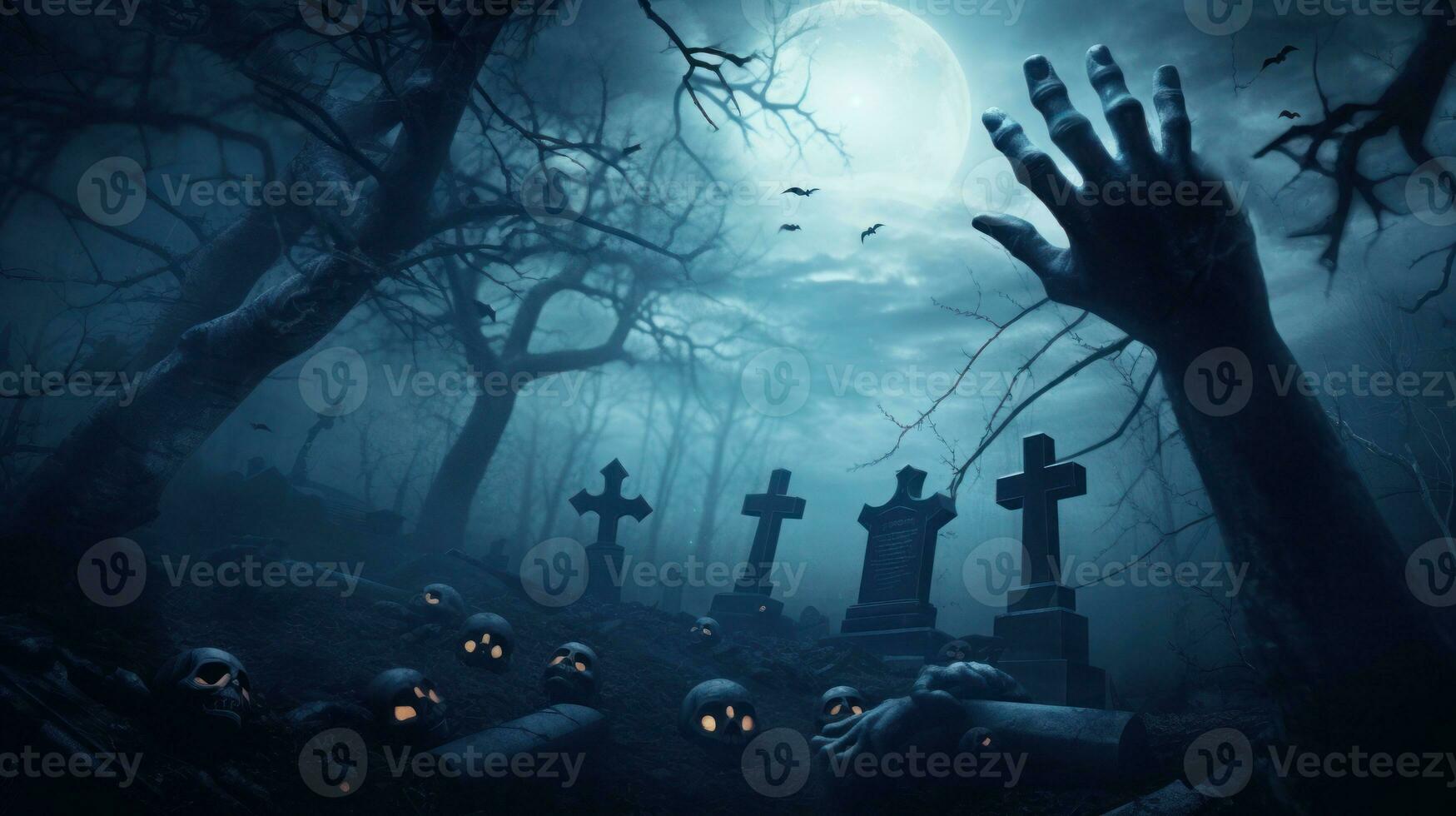 Zombie hands emerge from an enchanted Halloween cemetery in the mystical forest. AI Generated photo