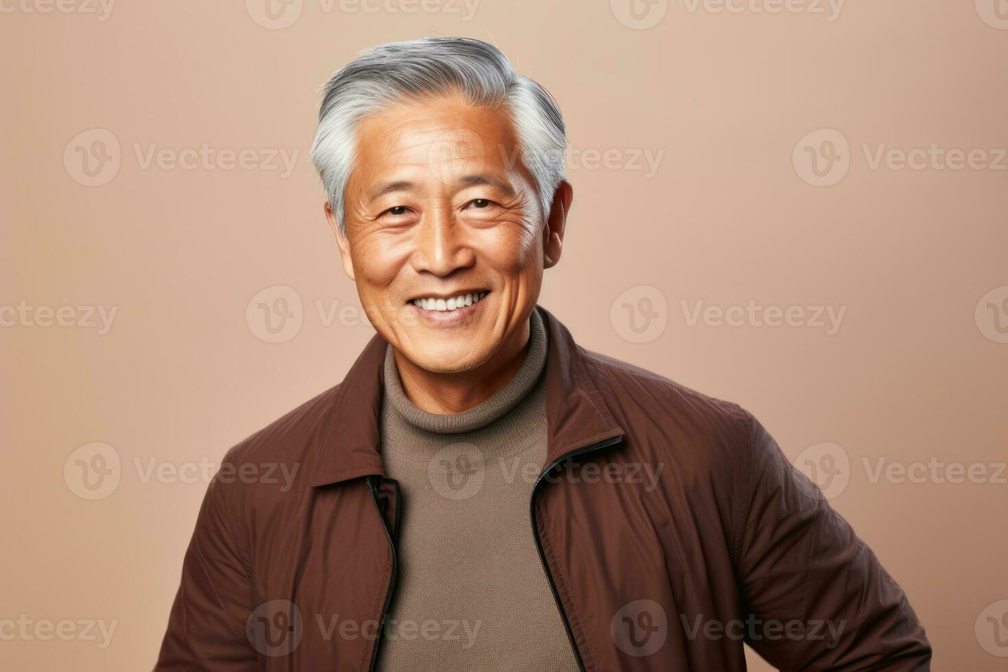 Beautiful senior man with gray hair, happy male portrait in studio background. AI Generated photo