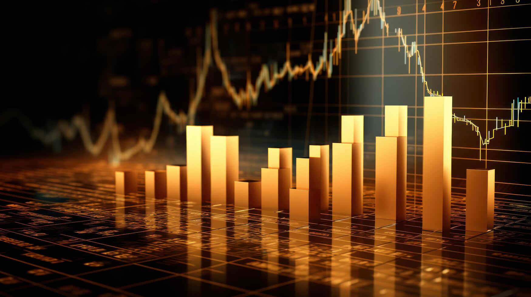 Business candle stick graph chart of stock market investment trading on gold background. Bullish point, up trend of graph. Economy design. photo