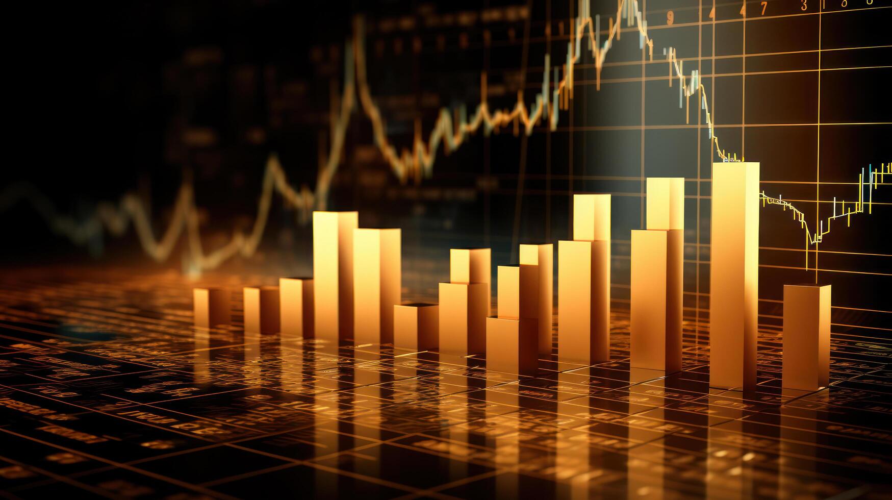 negocio vela palo grafico gráfico de valores mercado inversión comercio en oro antecedentes. alcista punto, arriba tendencia de grafico. economía diseño. ai generado foto