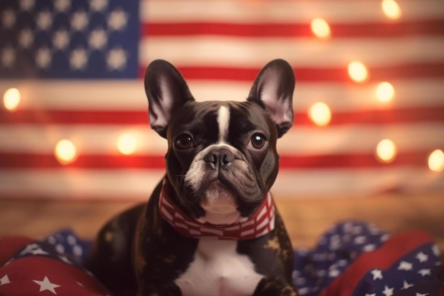 Cute french bulldog puppy with Christmas lights and American Flag on bokeh background. 4th of July Independence day . photo