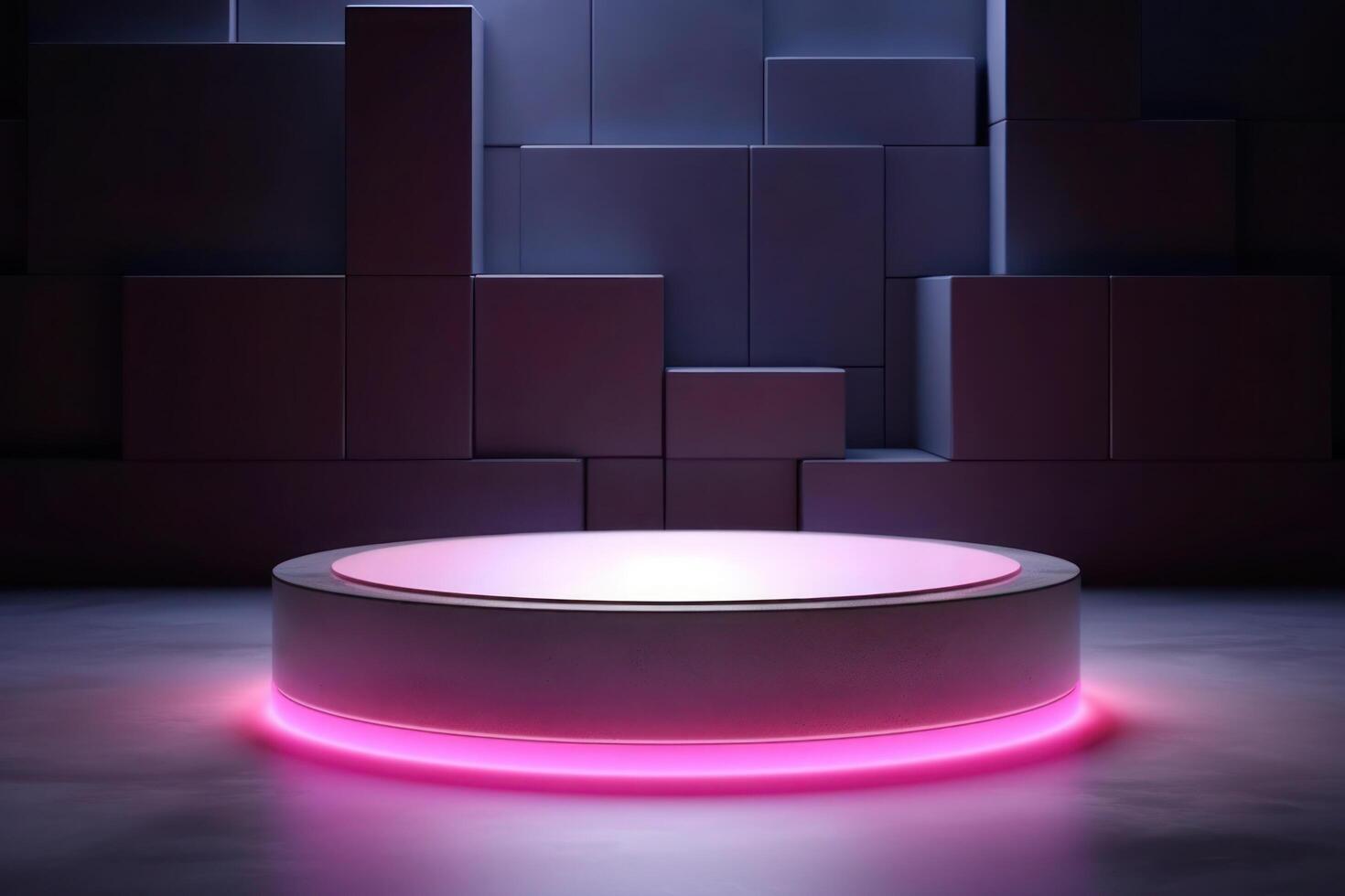 Stone podium muckup with neon studio light effect background. photo