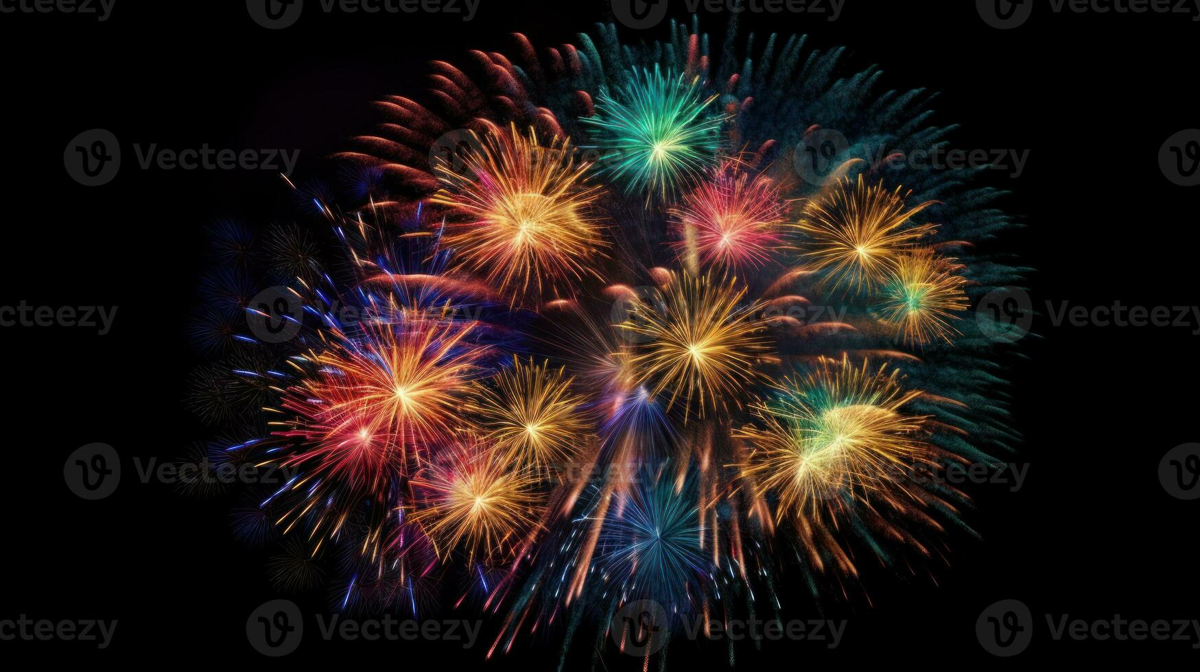 Colorful fireworks of various colors over night sky background. Party Celebration abstract background illustration. AI Generated photo