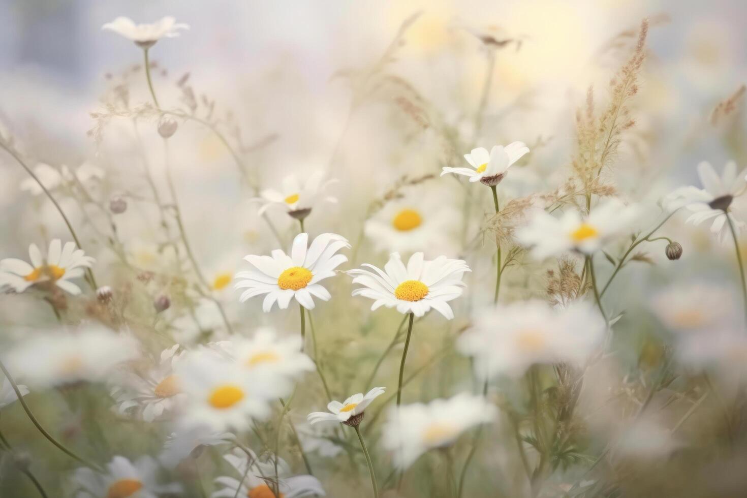 White daisies in the garden. Retro vintage flowers style with soft blurred filter background. photo