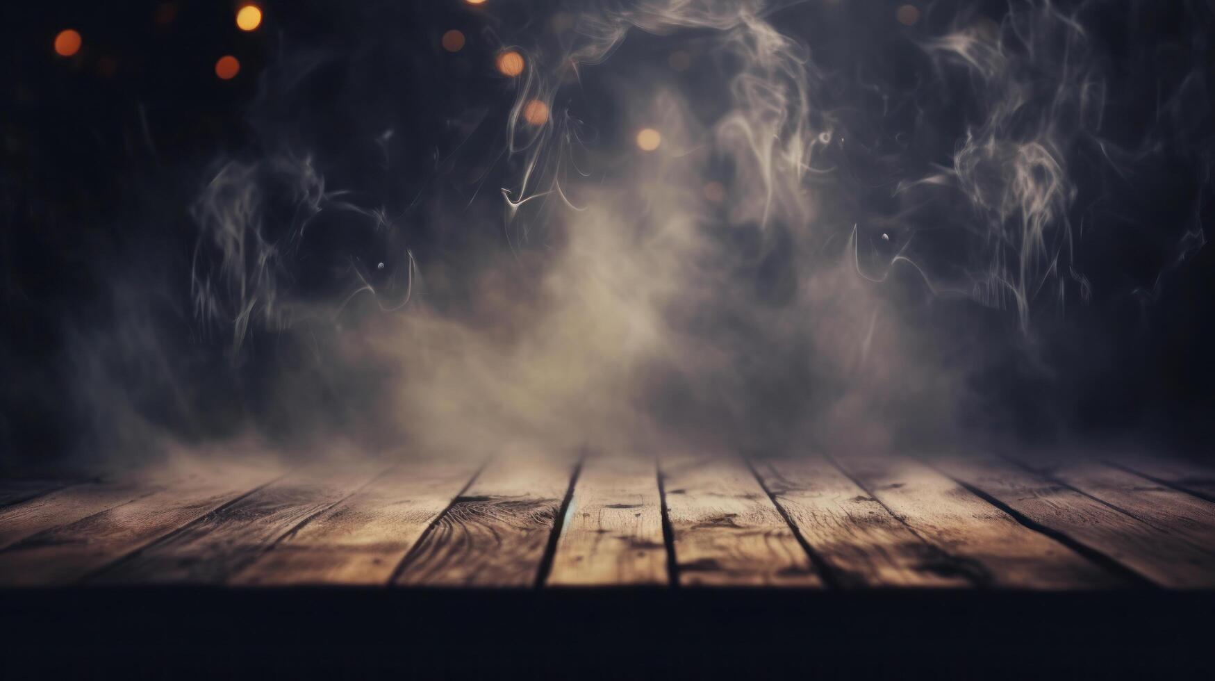 Wooden floor with smoke and light in dark room. Halloween abstract background. AI Generated photo