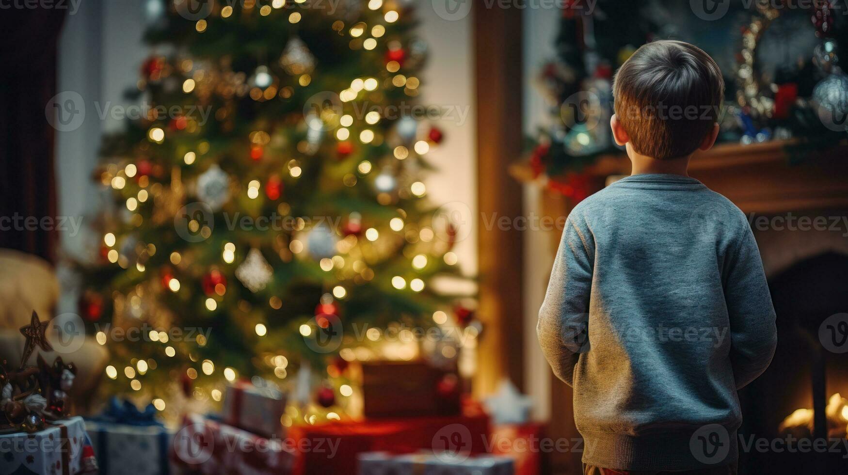 A Cute Boy Amidst a Christmas Tree Adorned with Lights, Decorations, Gifts, and Ornaments, in a Cozy Room, Celebrating Christmas Day and Welcoming the New Year. AI Generated photo