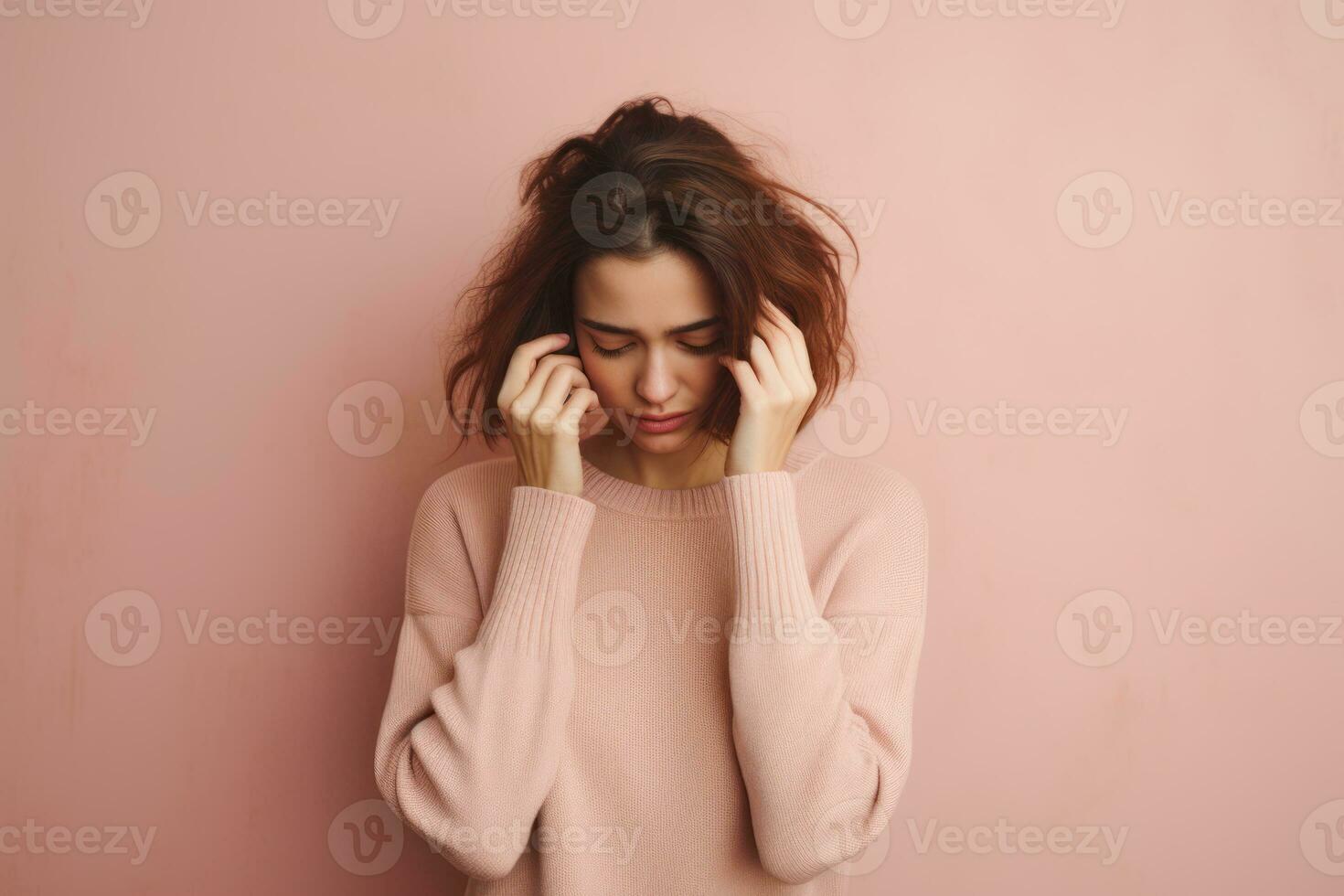 Portrait of stress woman, sadness and tried expression face isolated on studio background. Sad emotion concept. AI Generated photo